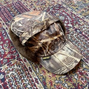 VTG 80s 90s Cabelas GoreTex Brown Realtree Camo Hunting Trapper Hat Fur Flaps L